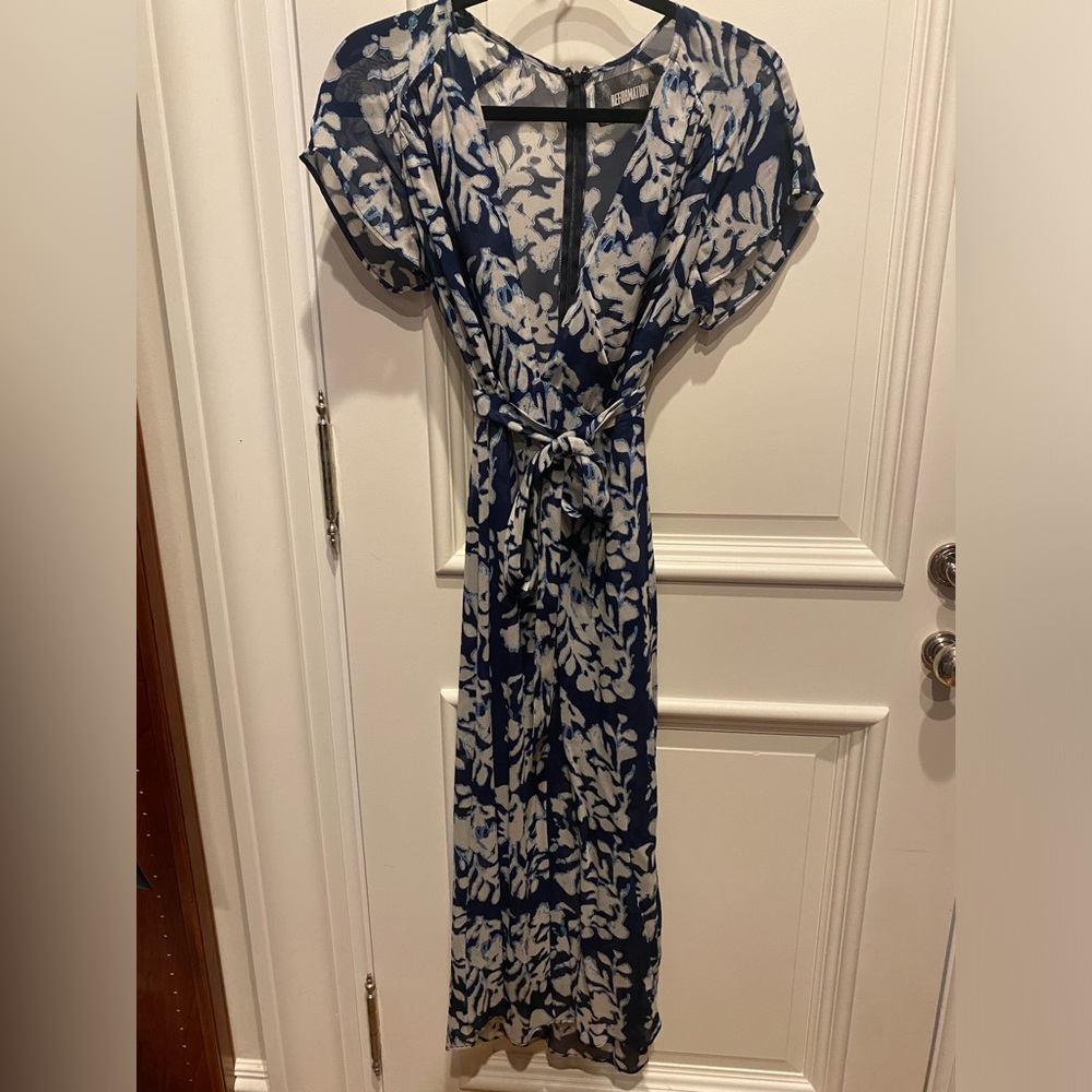 Reformation Navy and White Floral Dress